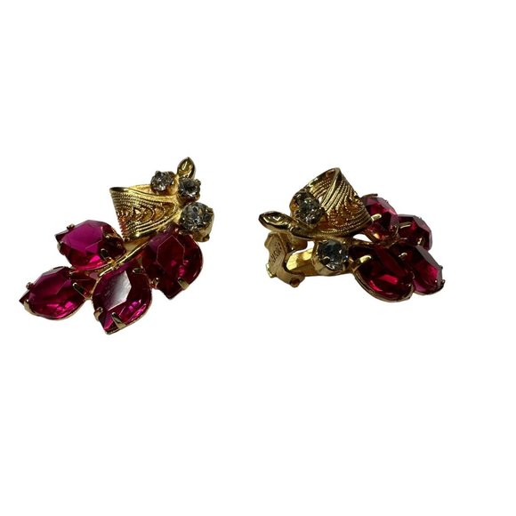 Austria Purple Pink Rhinestone Flower Vintage Earrings - Picture 3 of 4